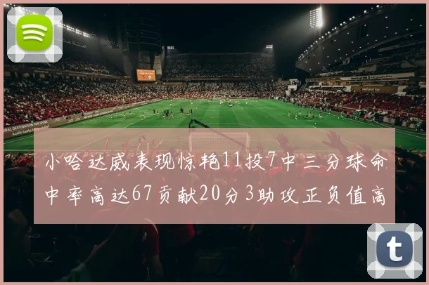 小哈达威表现惊艳11投7中三分球命中率高达67贡献20分3助攻正负值高达25